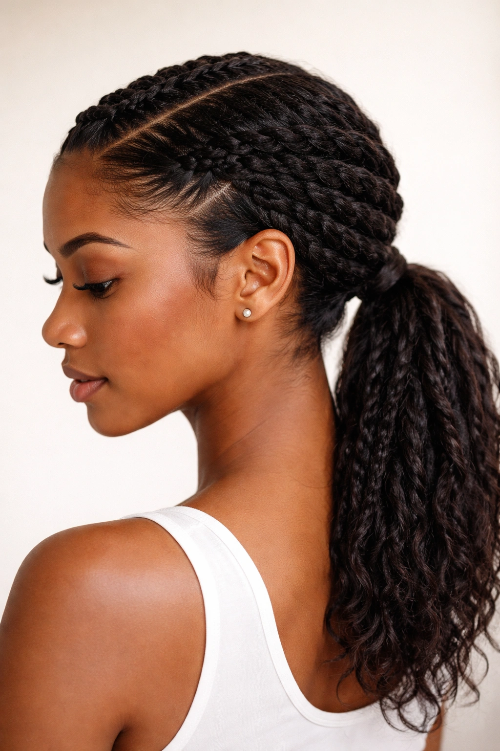 Braided front and twisted back into a single low ponytail