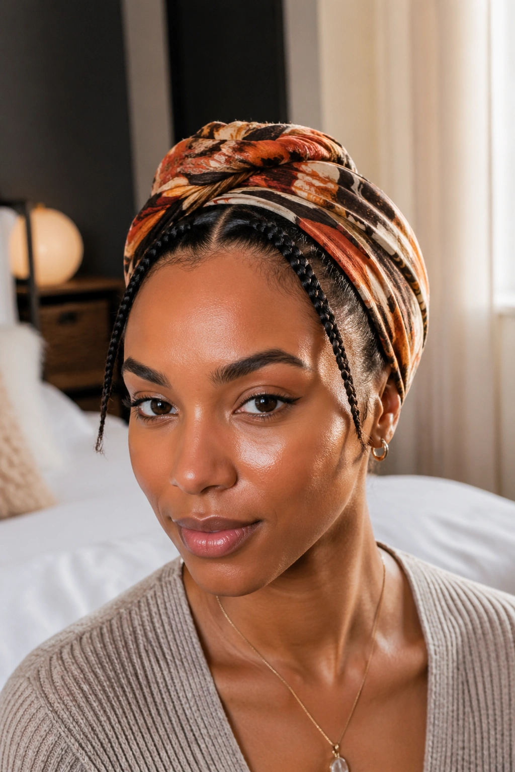 Close-up of a real woman wearing a braided-front headwrap with front braids visible.