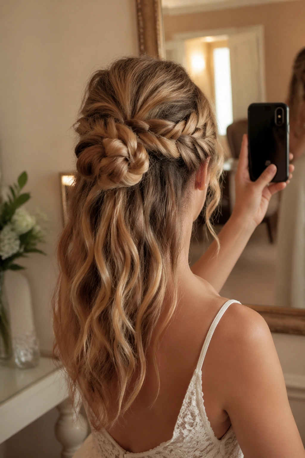 Braided half knot bun seen from over-the-shoulder mirror selfie
