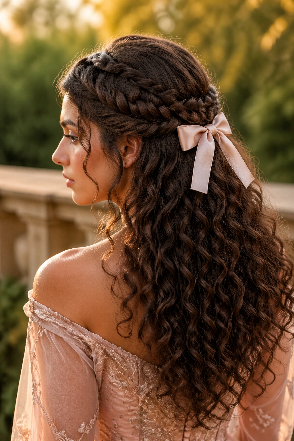 Close-up portrait of a real woman with a braided half crown and bow, curls down, warm outdoor lighting.