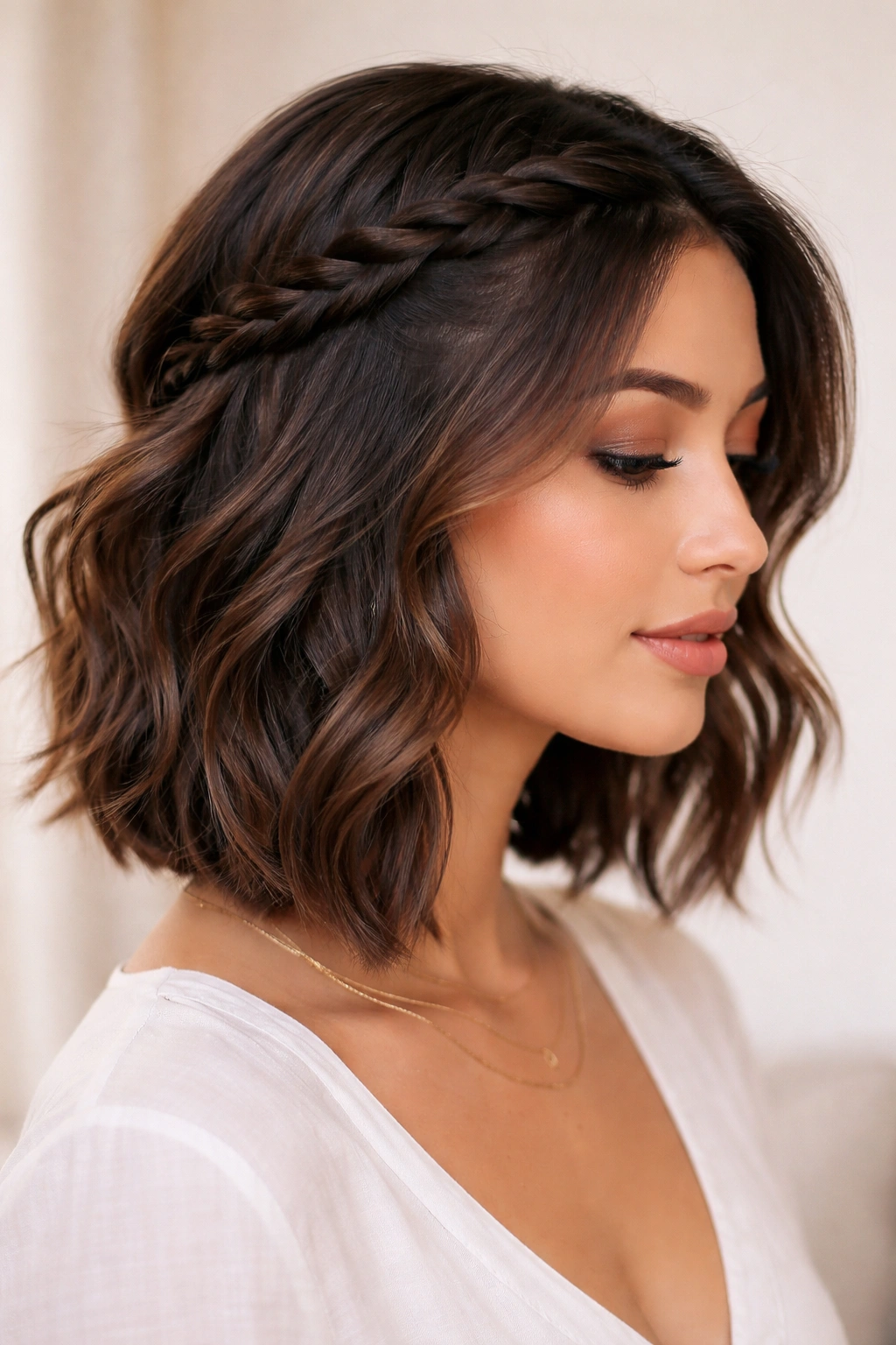 Braided half crown with loose body on short hair