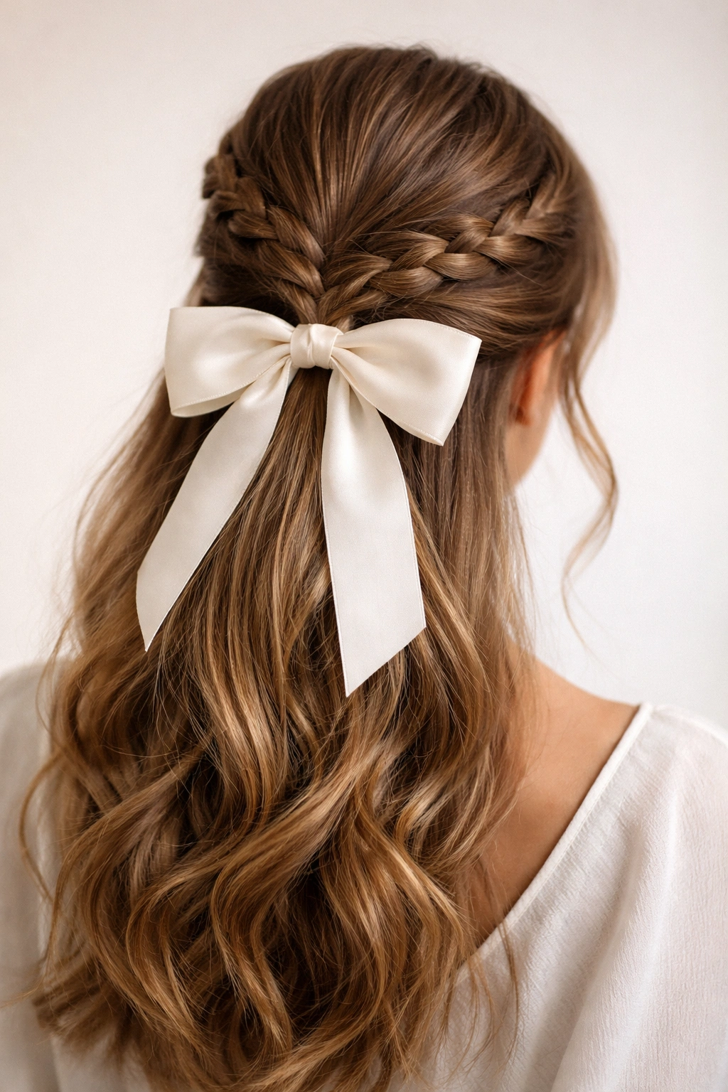 Close-up of braided half-up ponytail with bow at the back, bow hidden at the join.