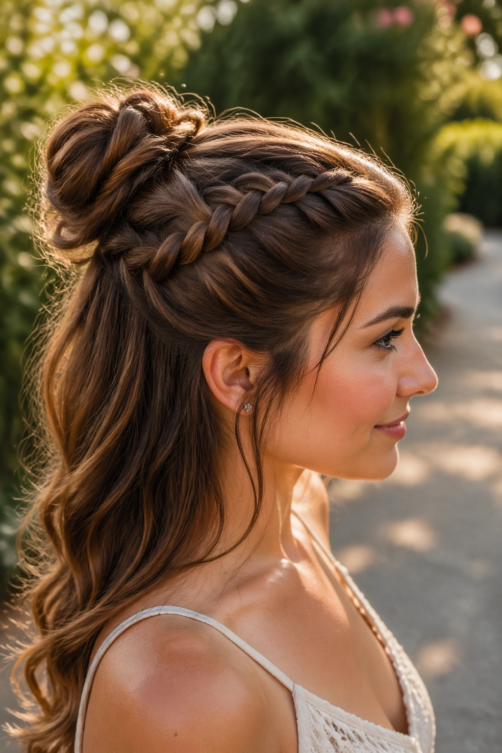 Real woman with a braided half up bun at the crown in a garden setting
