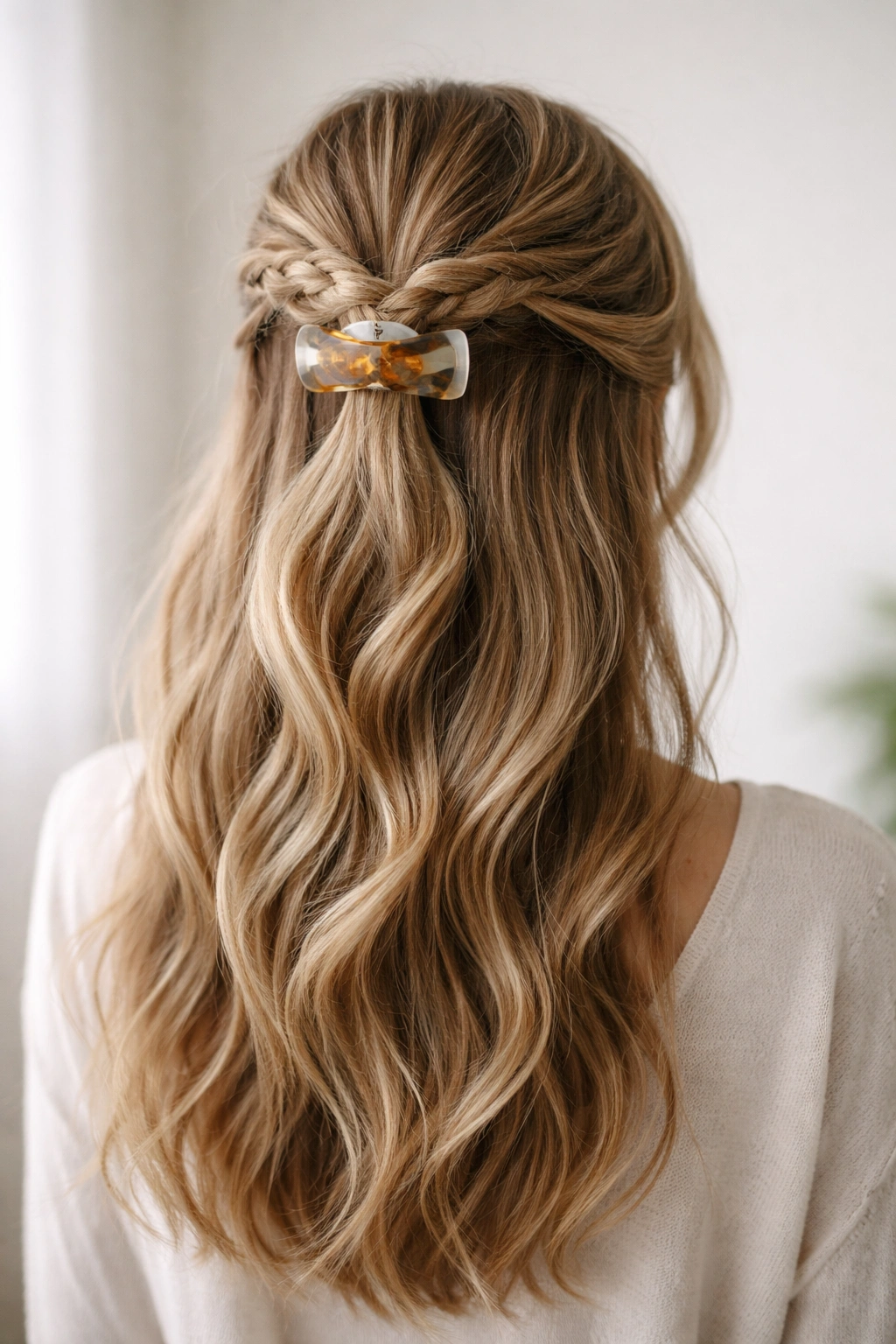 Back view of braided half-up secured with claw clip