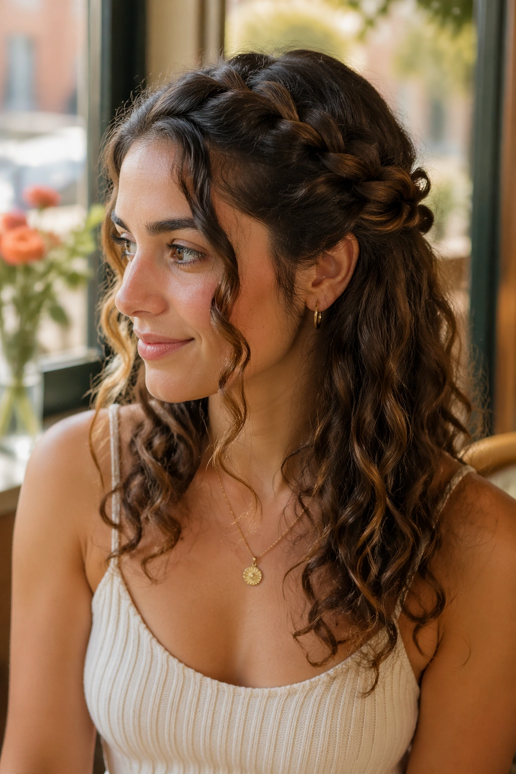 Real woman with a loose braided half-up and face-framing curls in natural light