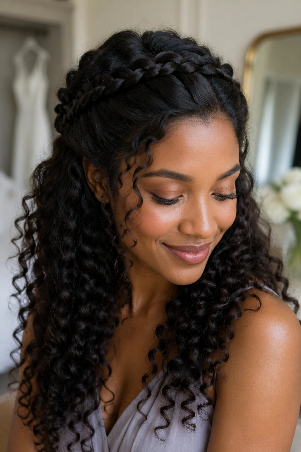 Close-up of a real woman with braided half-up style and free curls