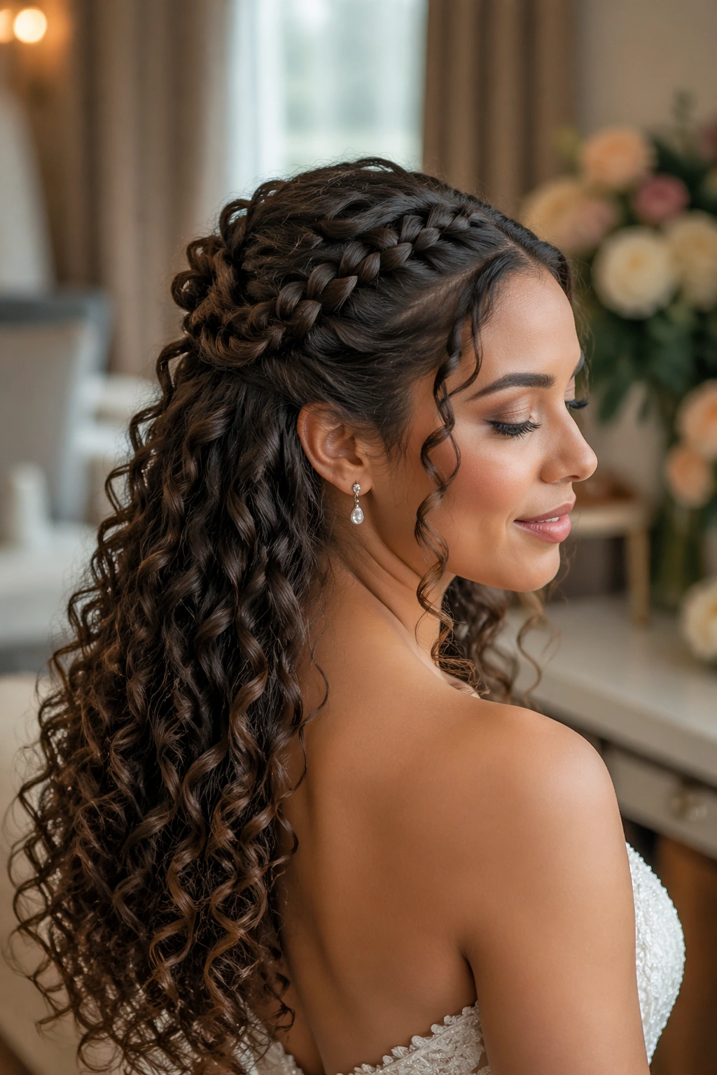 Close-up of a curly-haired bride in a braided half-up