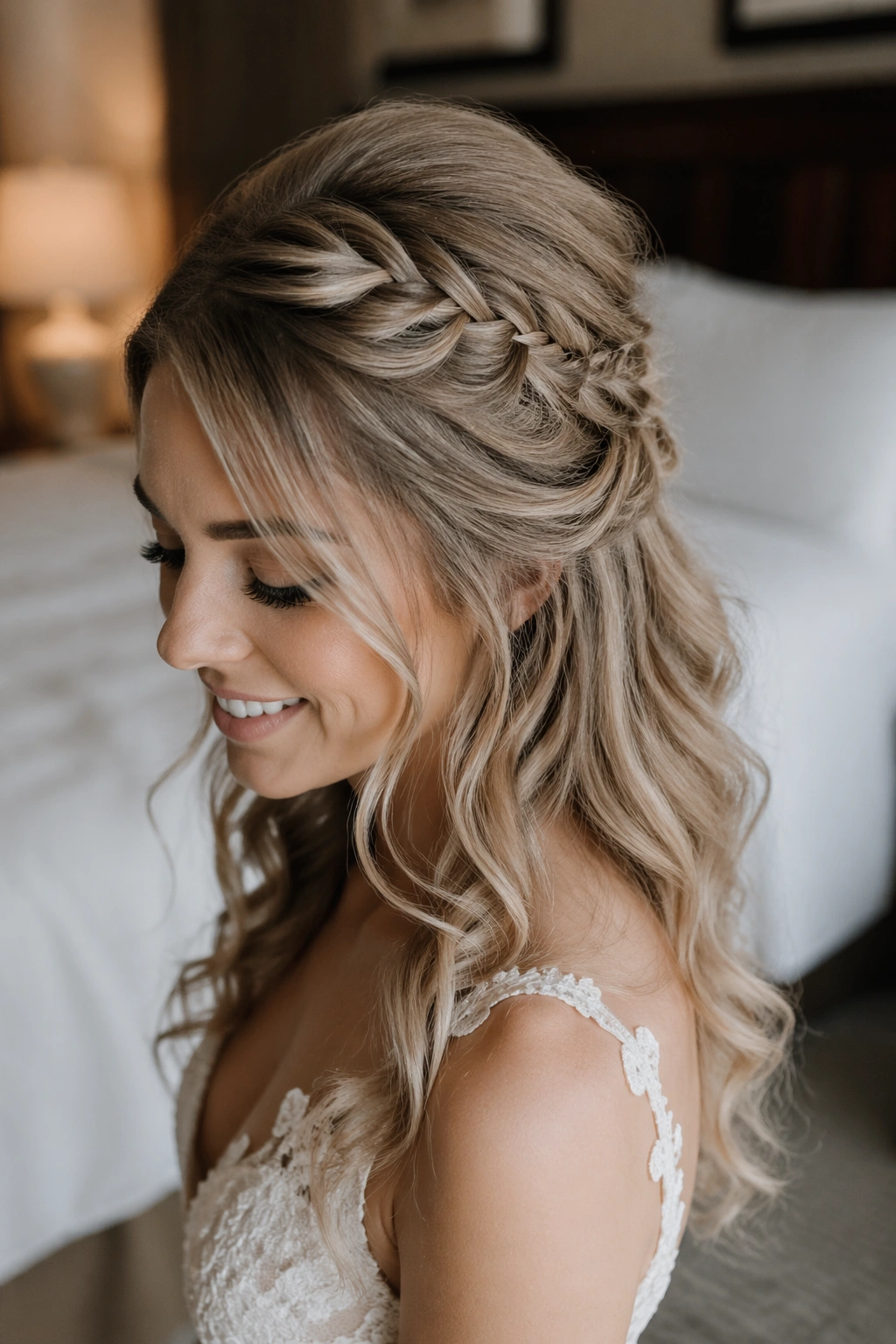 Close-up of a fine-haired bride with a teased crown and braided half-up