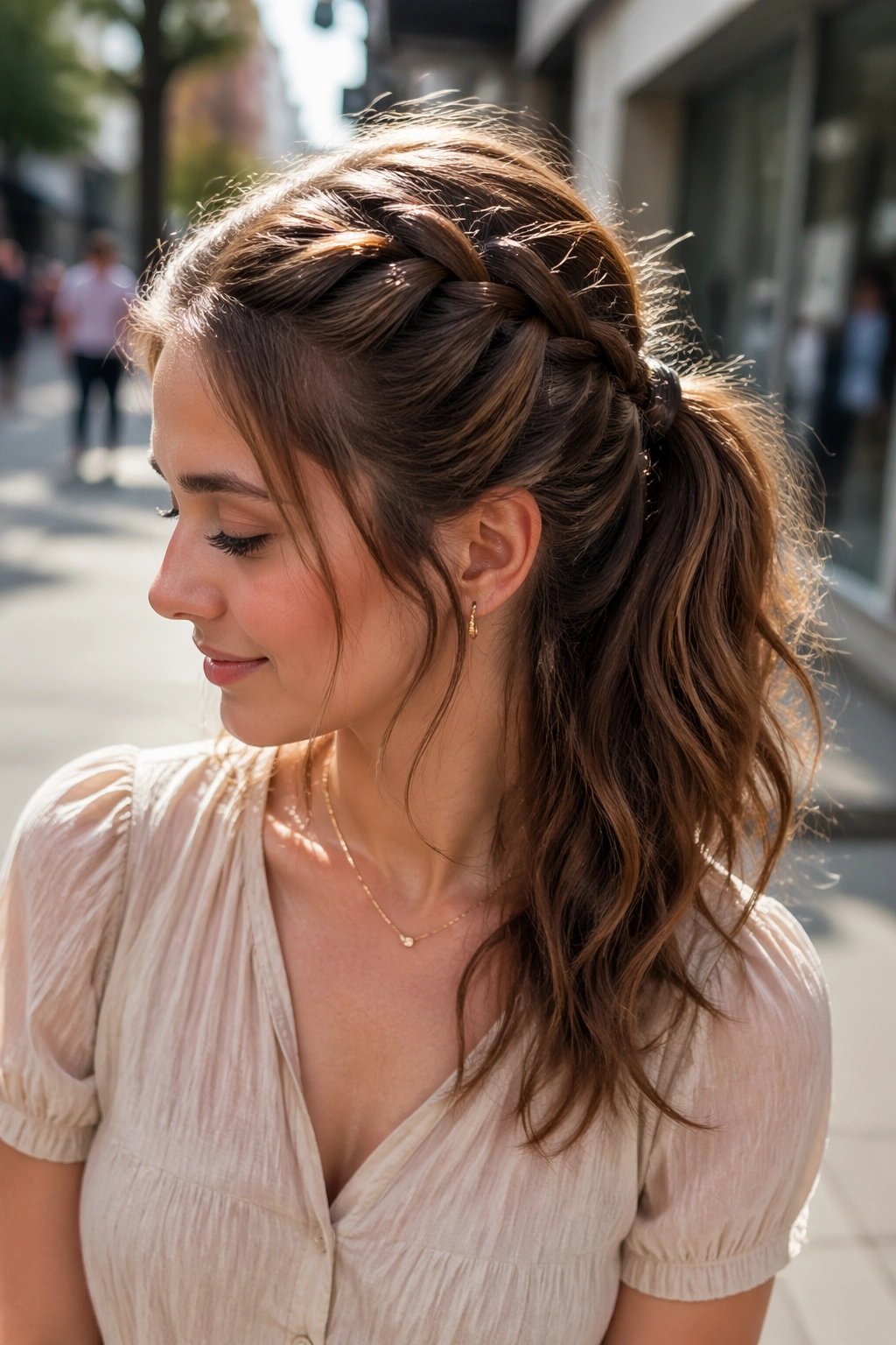 Close-up of braided half-up ponytail on a real woman outdoors