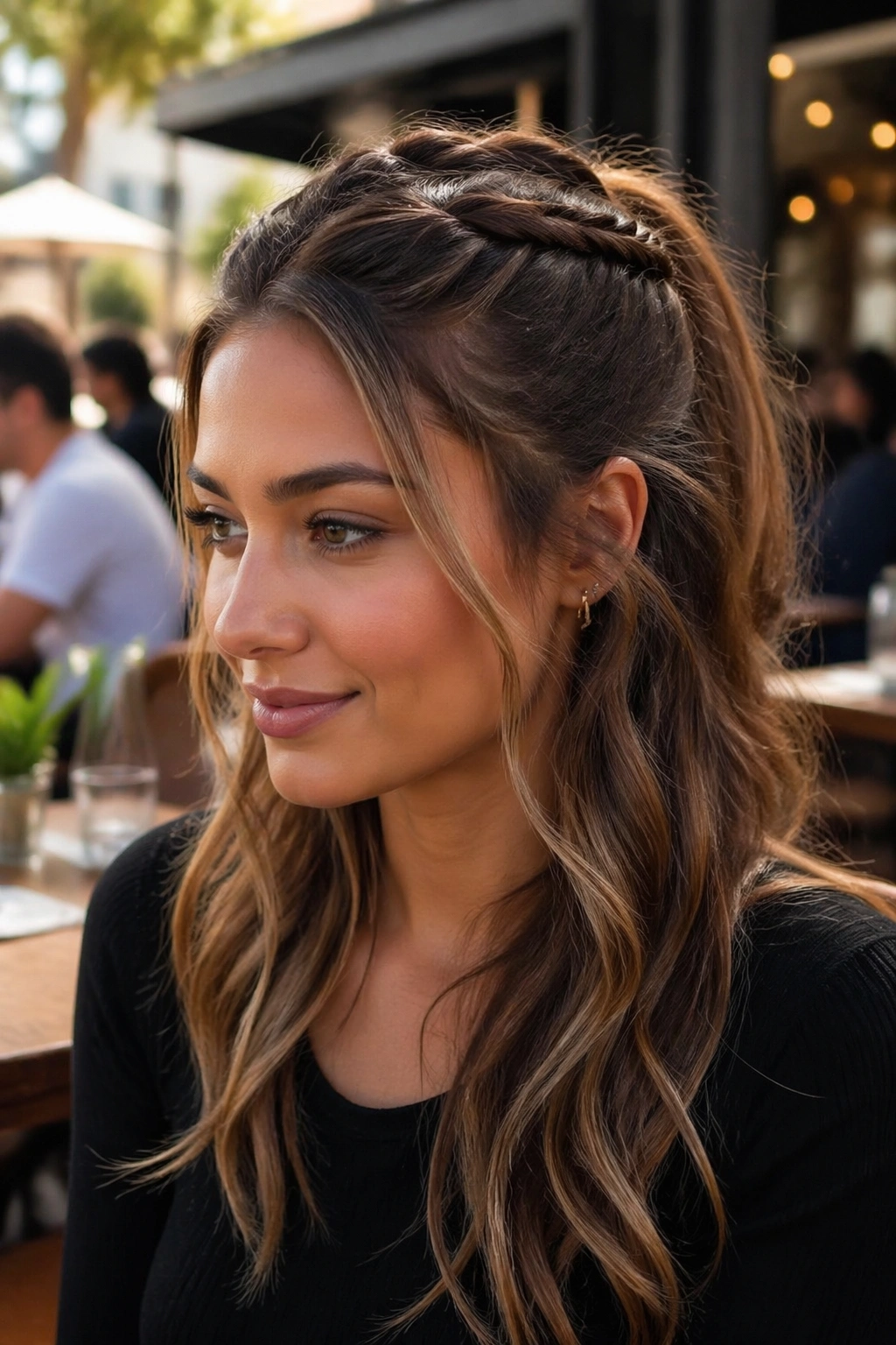 Close-up of a real woman wearing a braided half up ponytail