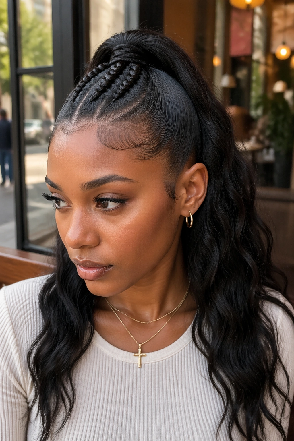 Real person with a half-up braided ponytail and sleek corners