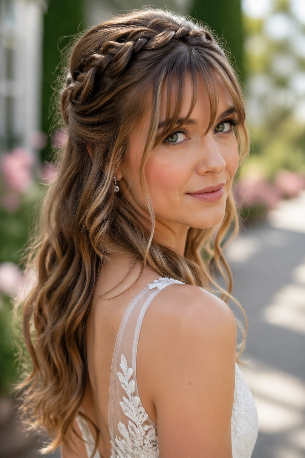 Close-up portrait of Braided Half-Up With Wispy Bangs on a real woman