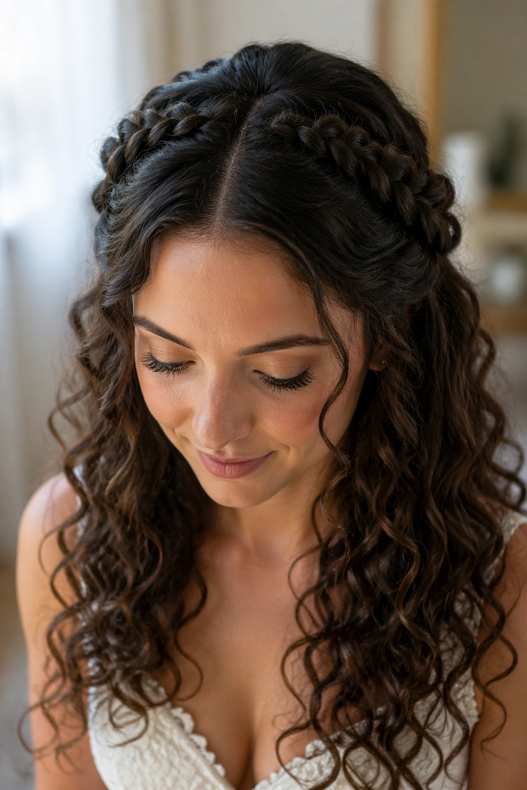 Close-up of real bride with braided halo and center-part hairstyle