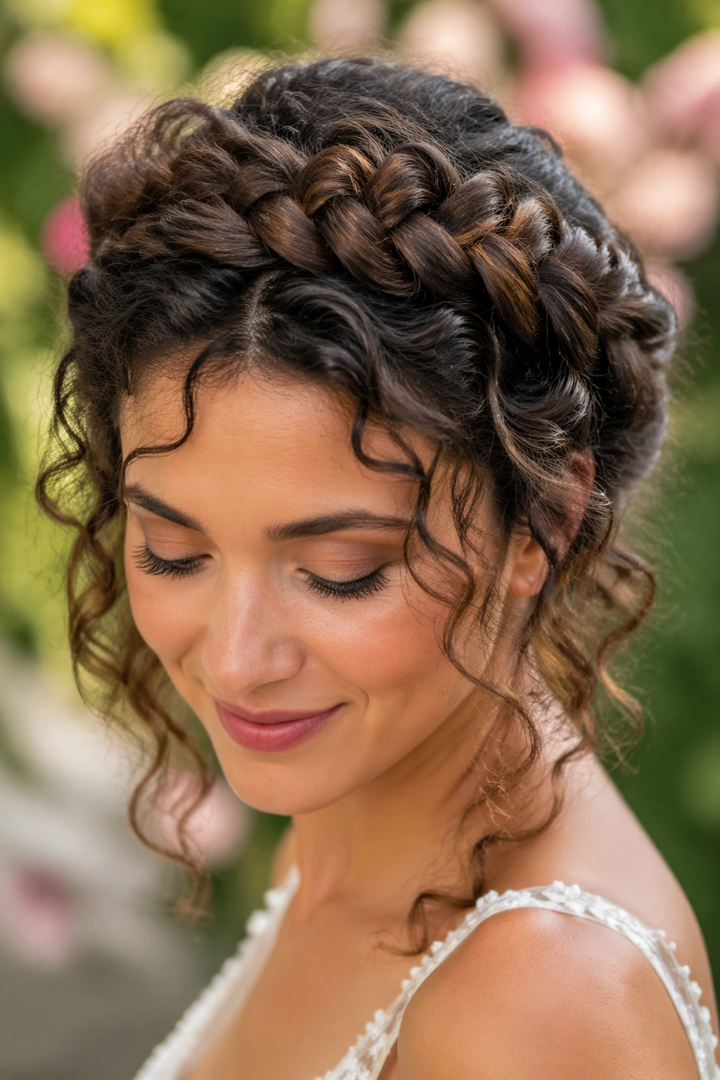 Close-up of braided halo crown hairstyle on head