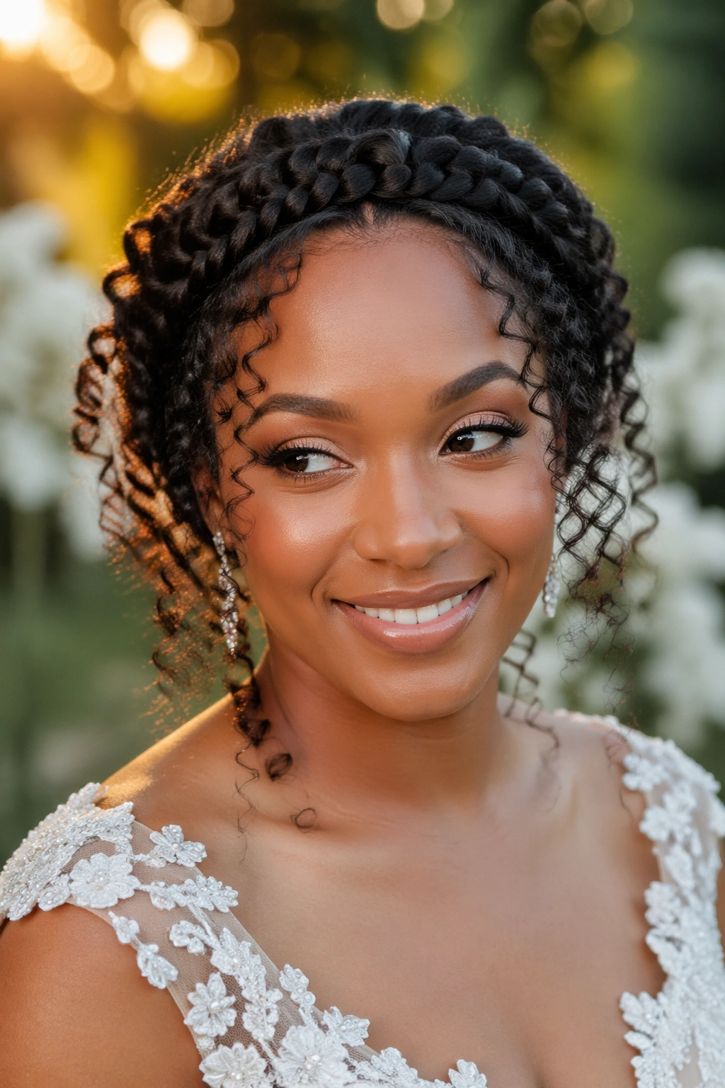 Bride with braided halo and curly ends.