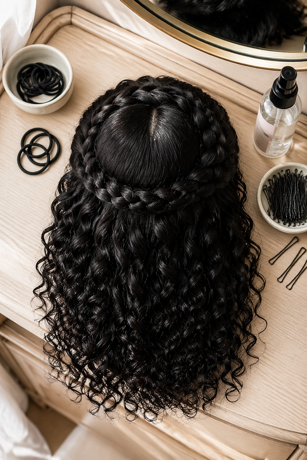 Overhead flat-lay of braided halo with curly ends and styling tools.