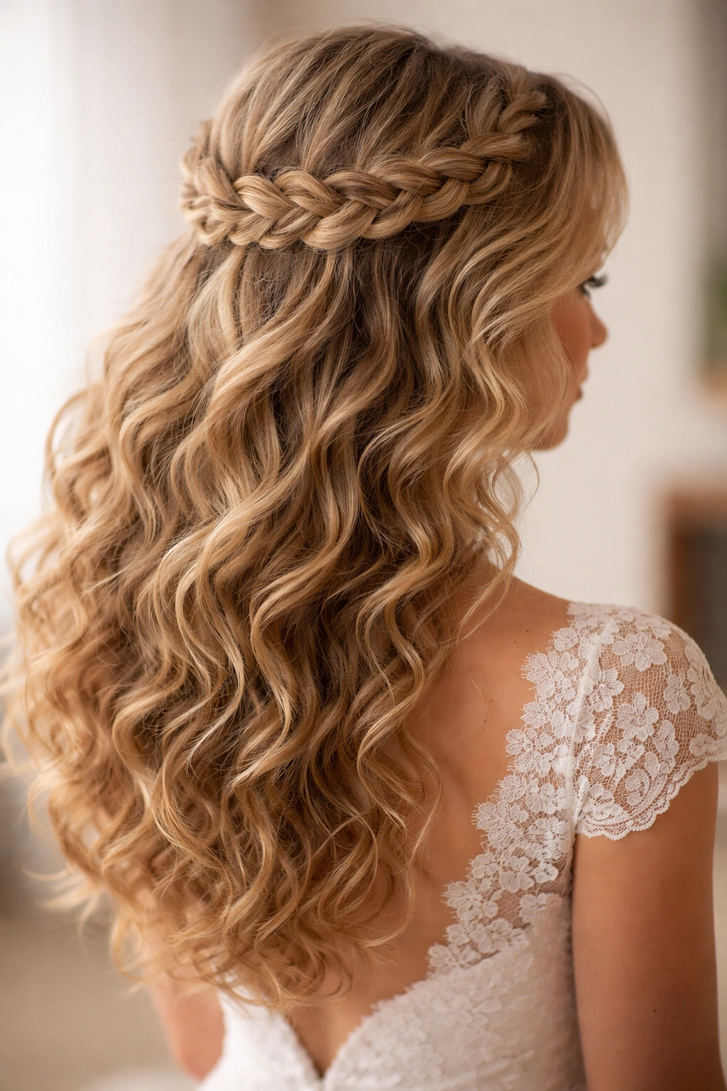 Close-up of a curly bridal hairstyle with a loose crown braid halo and loose curls