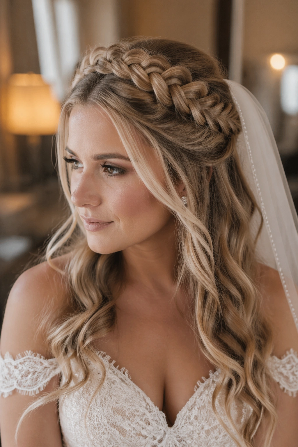 Close-up of a real bride wearing a Braided Halo Half-Up hairstyle