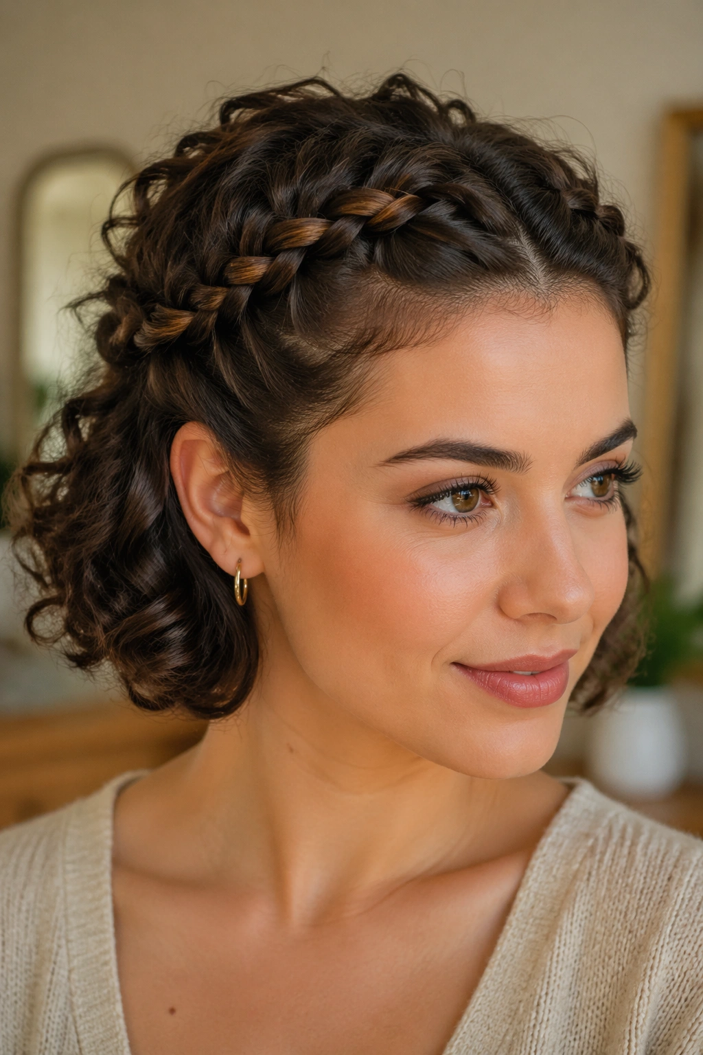 Close-up of real woman with braided halo half-up formed by two small braids.