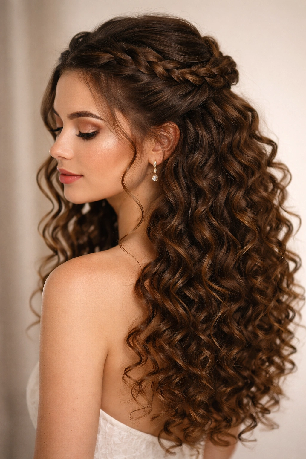 Braided halo half-up hairstyle on defined curls