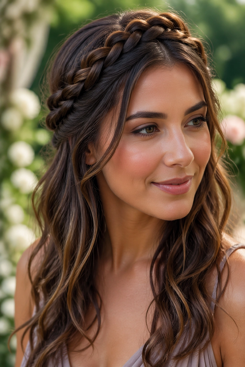 Close-up of a real woman with a braided halo and loose waves