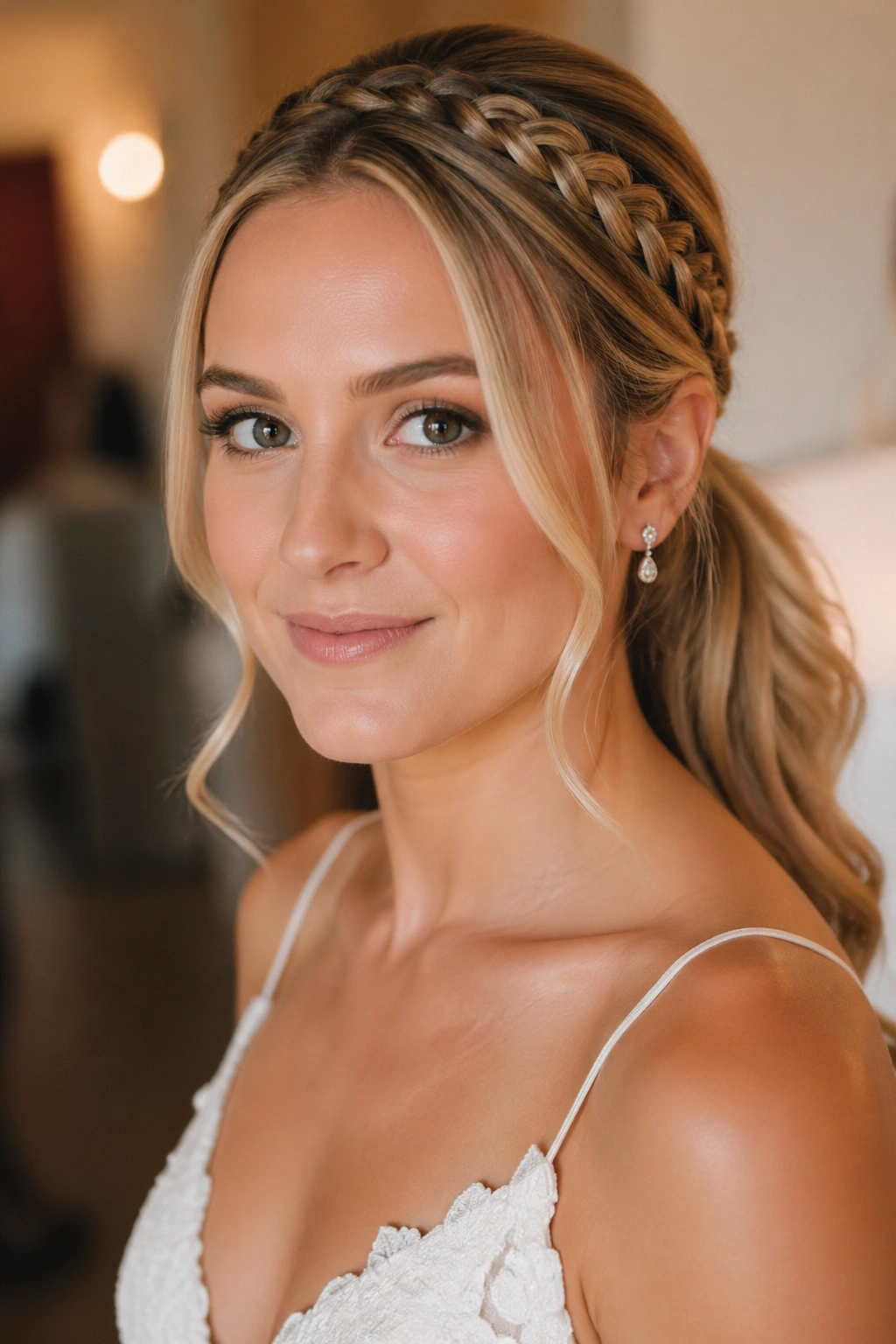 Close-up of a bride with braided halo entering a ponytail