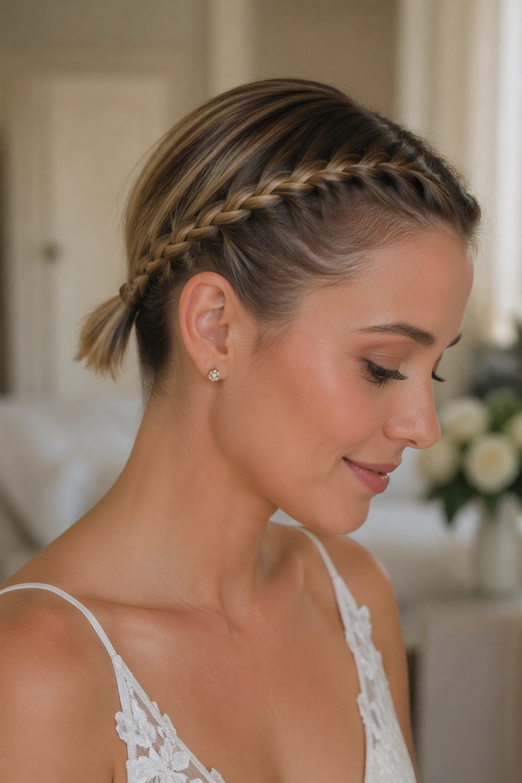 Real woman with a braided halo leading into a micro ponytail in a bridal setting.