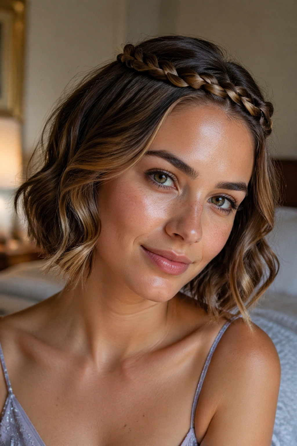 Close-up of a woman with a thin halo braid along the hairline in natural window light