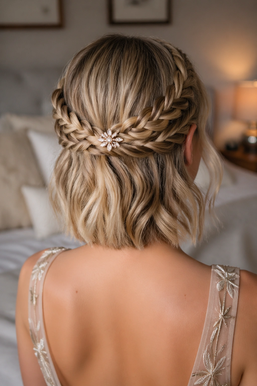 Close-up of a real woman with a braided halo hairstyle and tucked ends on short hair