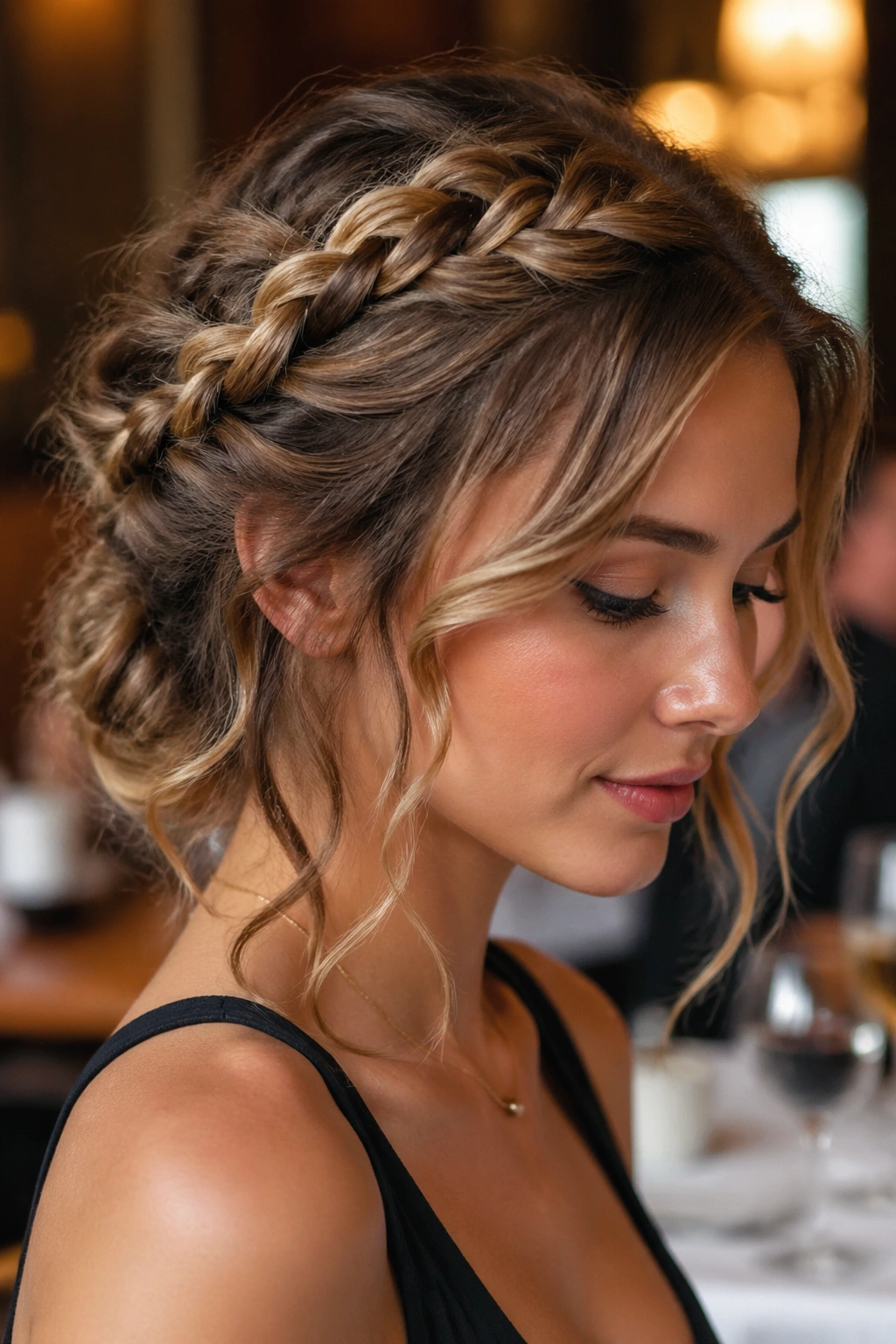 Portrait of a real woman with a braided halo updo and shoulder-length waves.