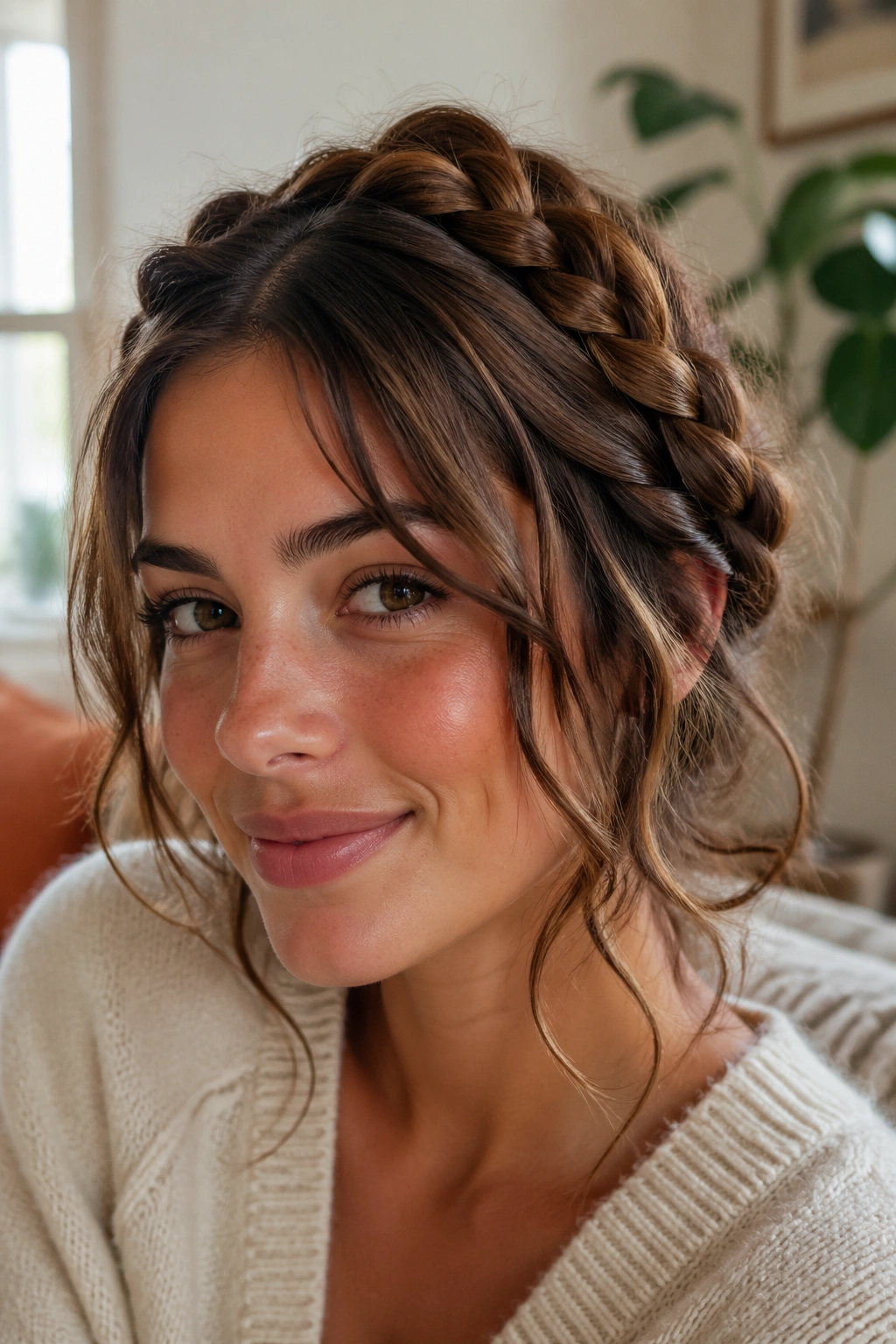 Close-up portrait of a real woman with a braided halo hairstyle