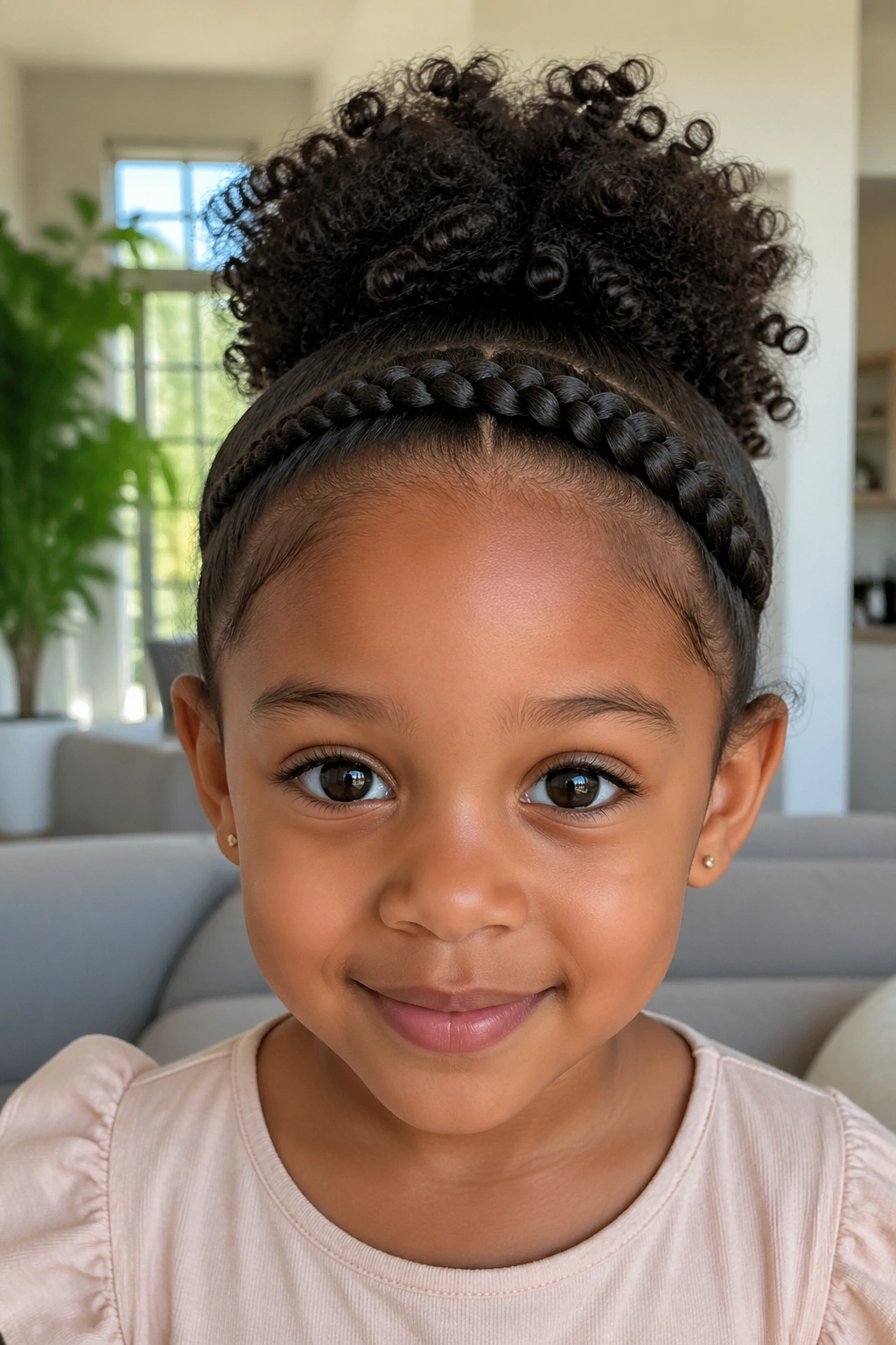 Child with thick front headband braid and loose back hair.