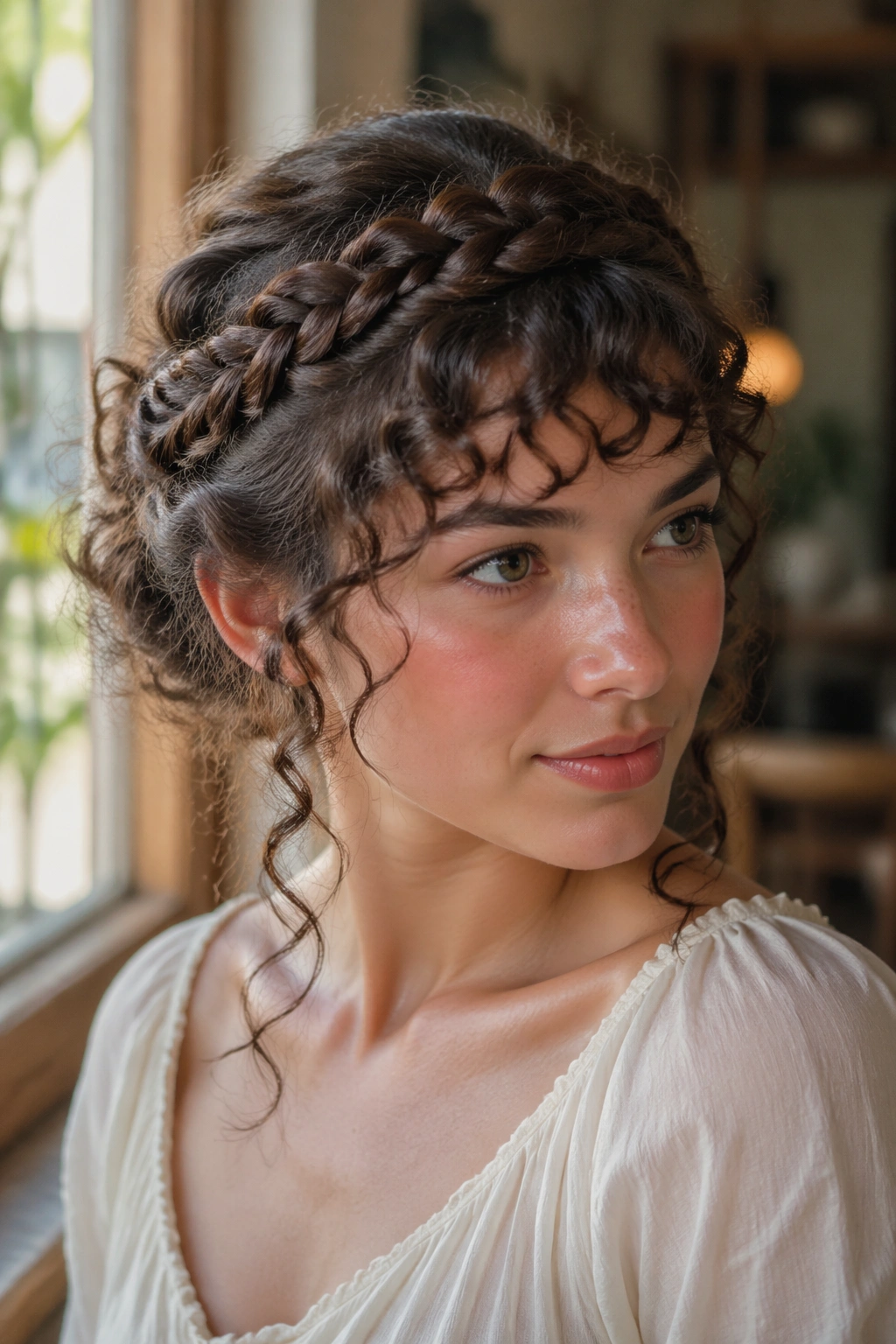 Close-up of a real woman with a crown braid and fringe curls in cafe window light