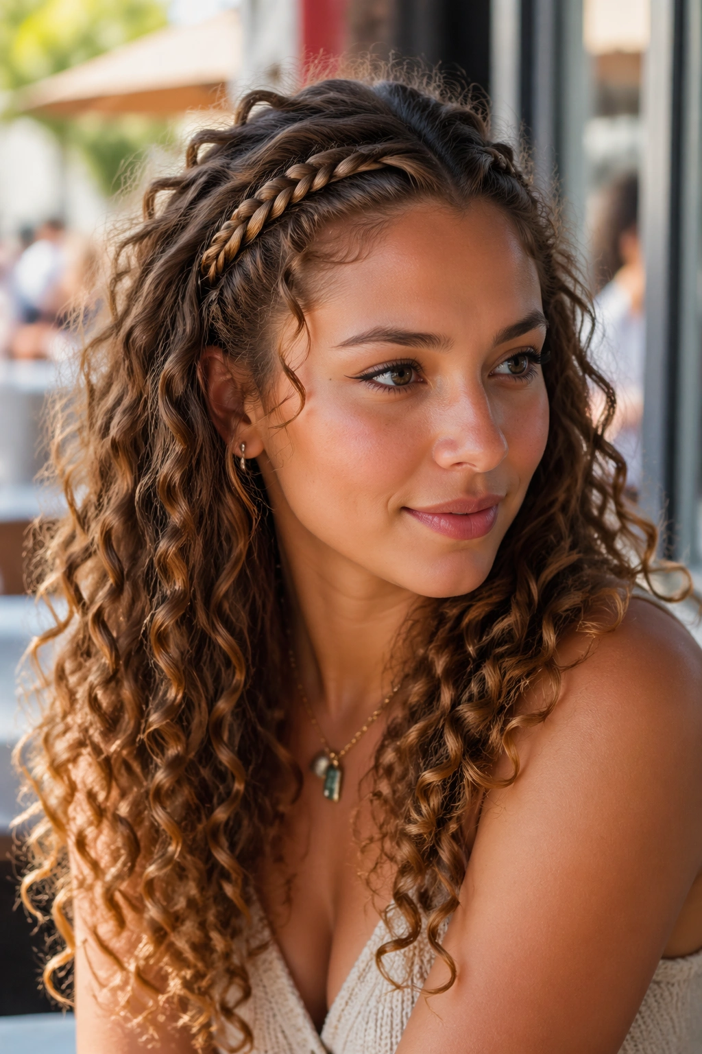 Close-up of real woman wearing braided headband with loose curls outdoors near a cafe window