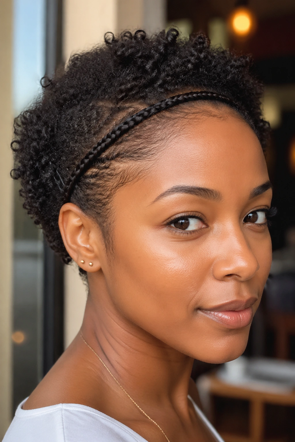 Close-up of a real person with a braided headband along the hairline on short afro hair