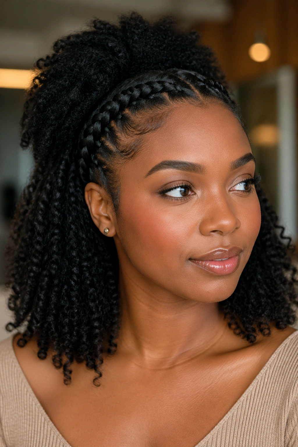 Portrait of a person with a braided headband half-up hairstyle.