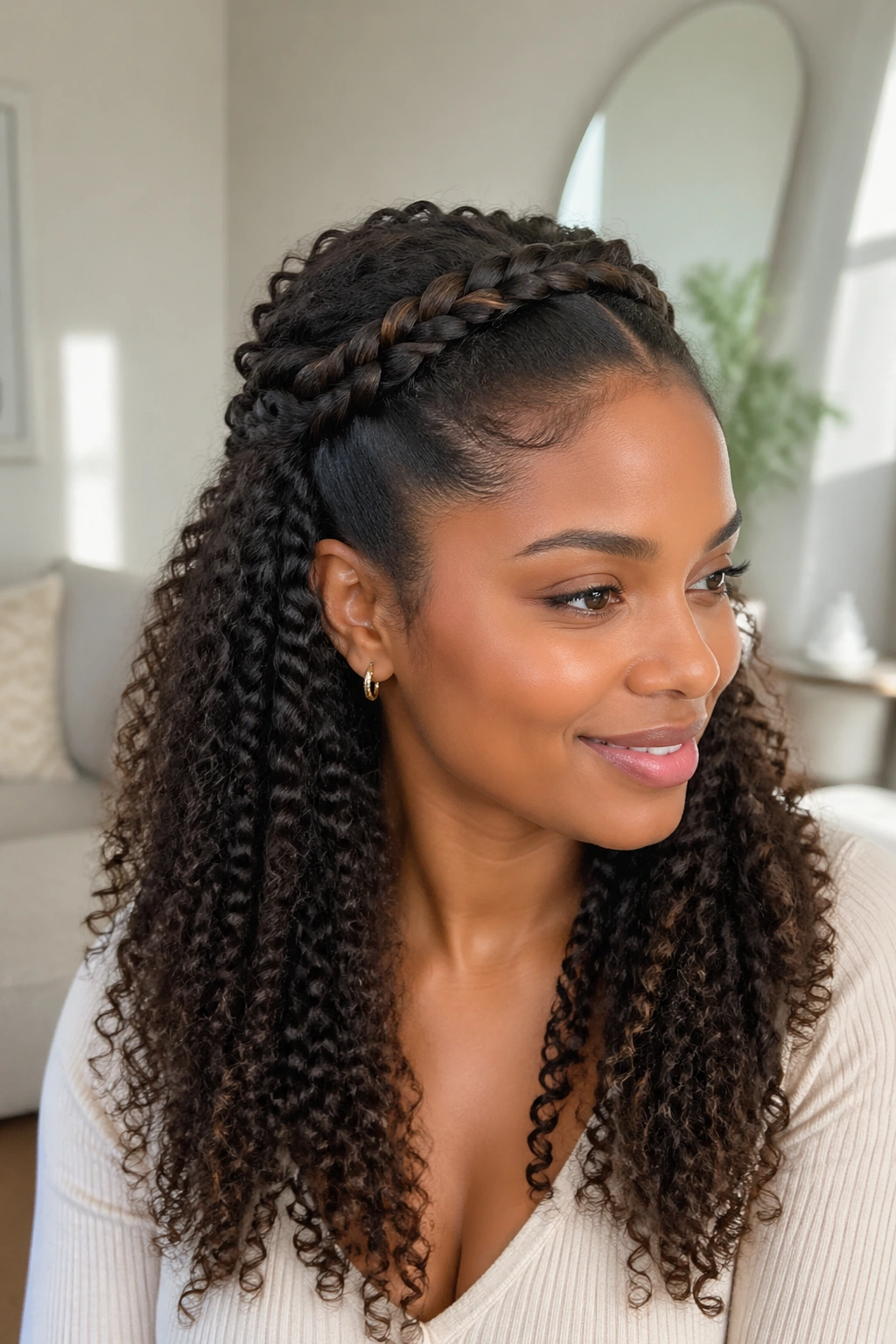 Close-up of real woman with braided headband across crown and hair down