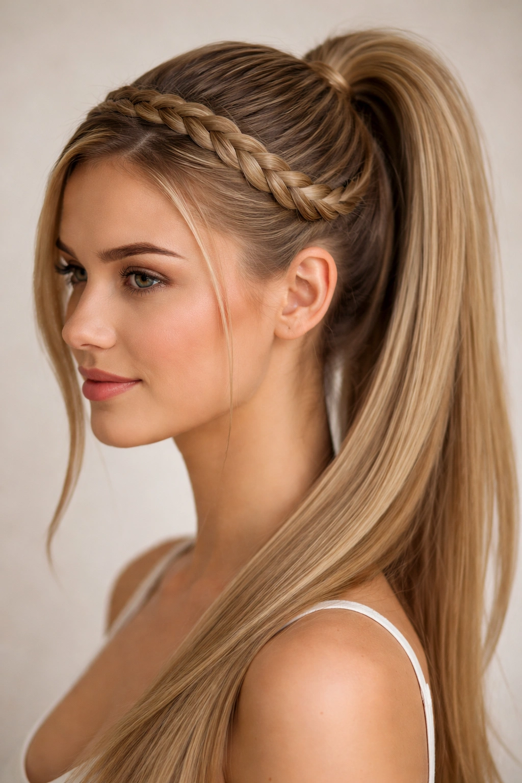 Dutch braid along the hairline looping into a half-up pony