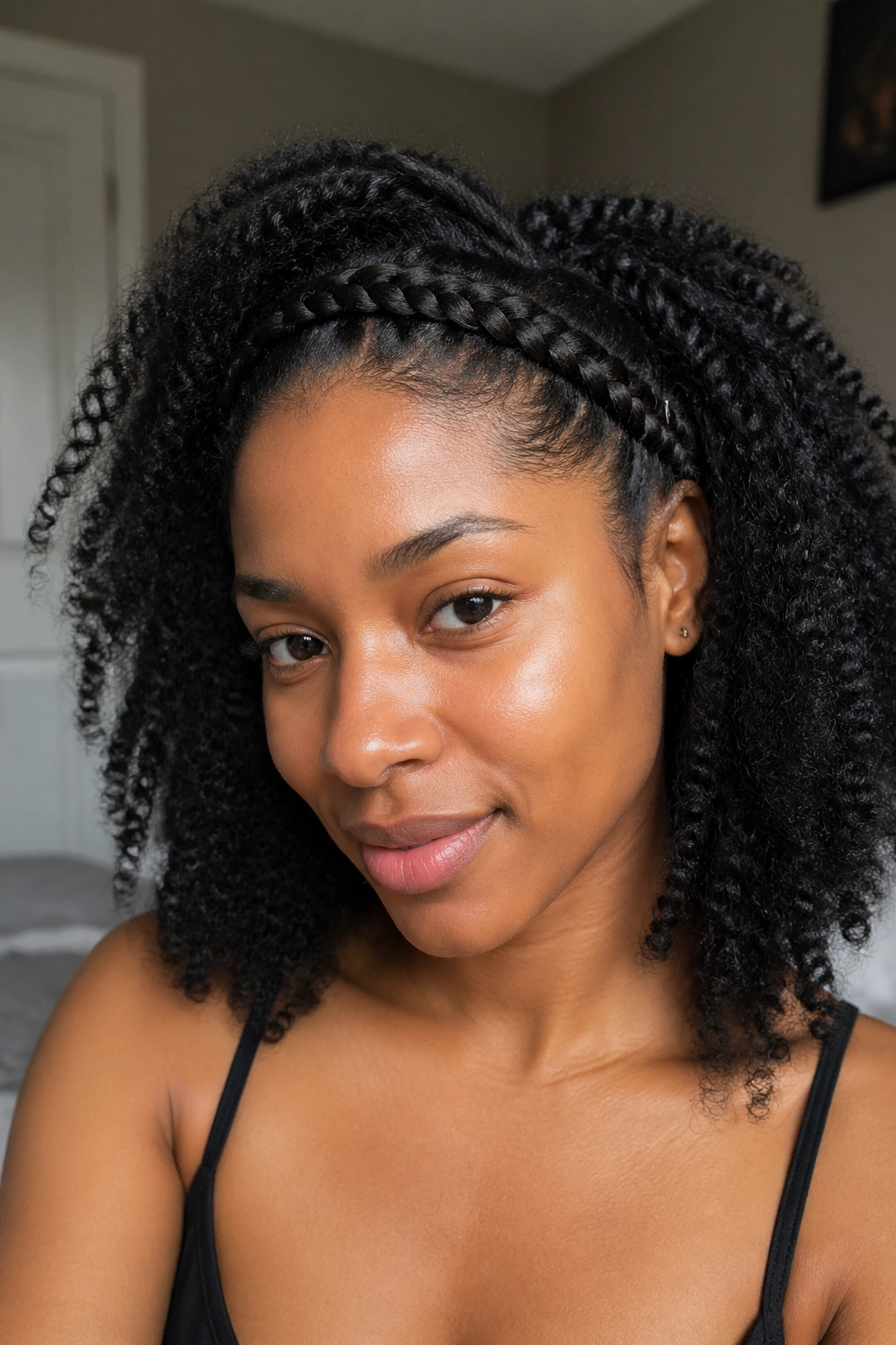 Close-up of a woman with a small braid along the hairline acting as a headband among natural hair