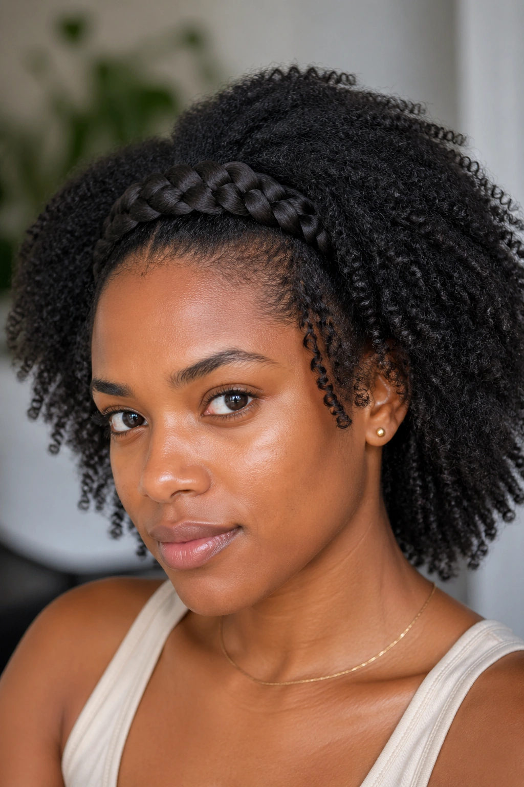Close-up of a woman with a braided headband made from her own hair across the top