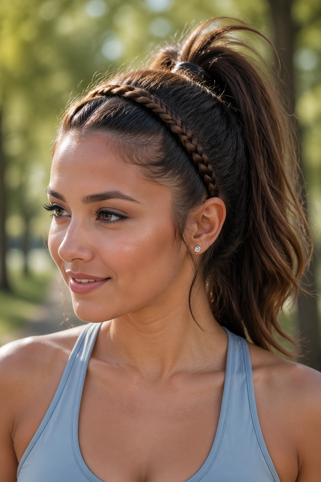 Close-up of a real woman with a braided headband and high ponytail in natural daylight.