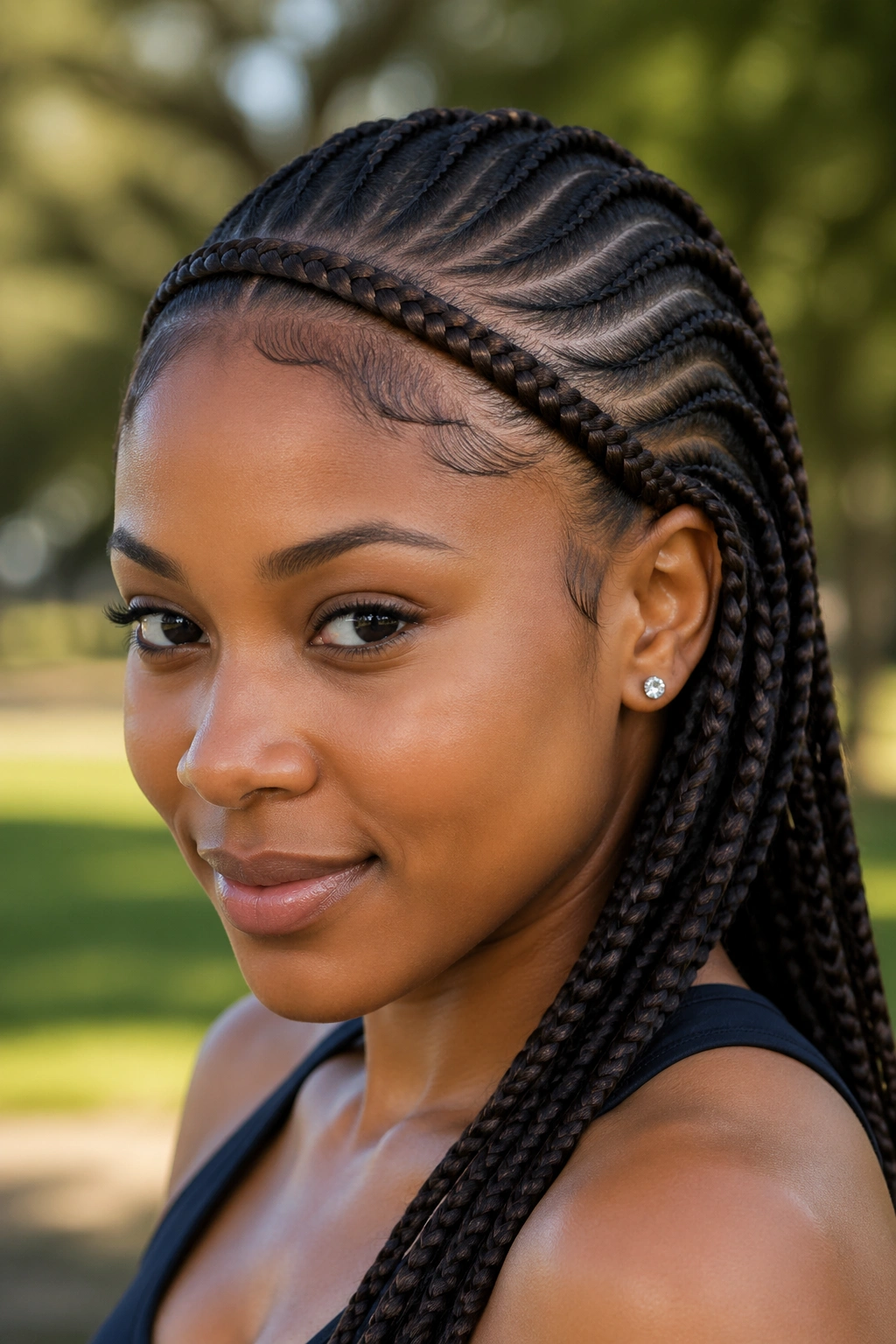 Portrait of a woman with a braided headband across the forehead and side cornrows