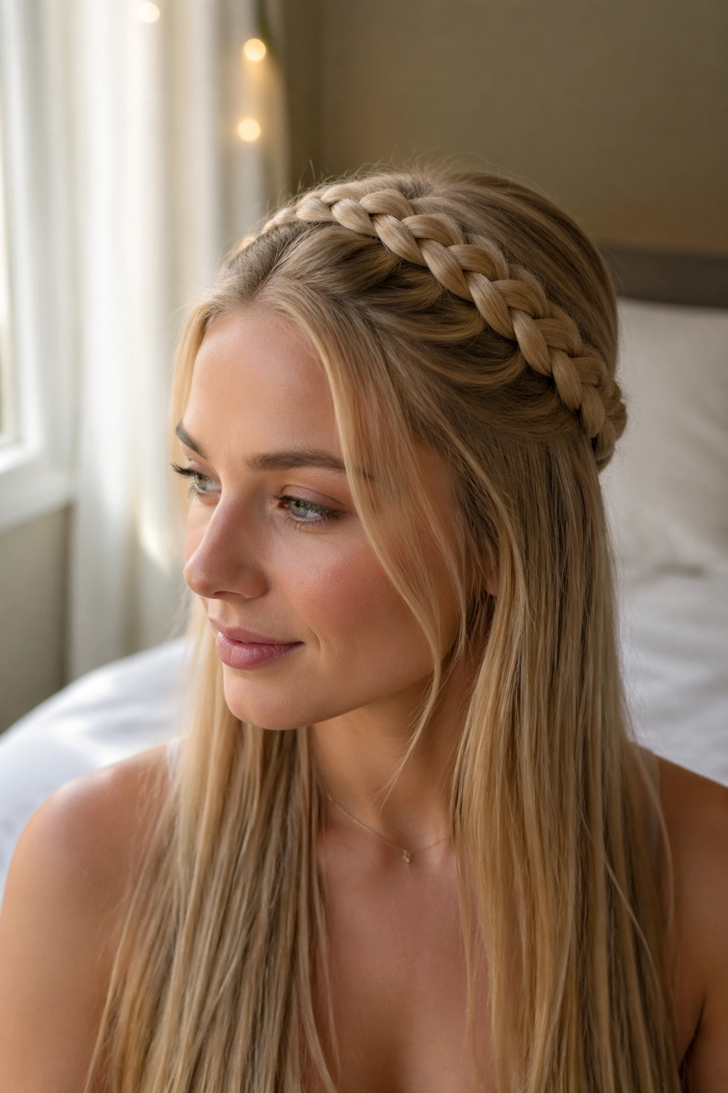 Close-up of a real woman with a braided headband and tucked ends, straight hair, warm window light