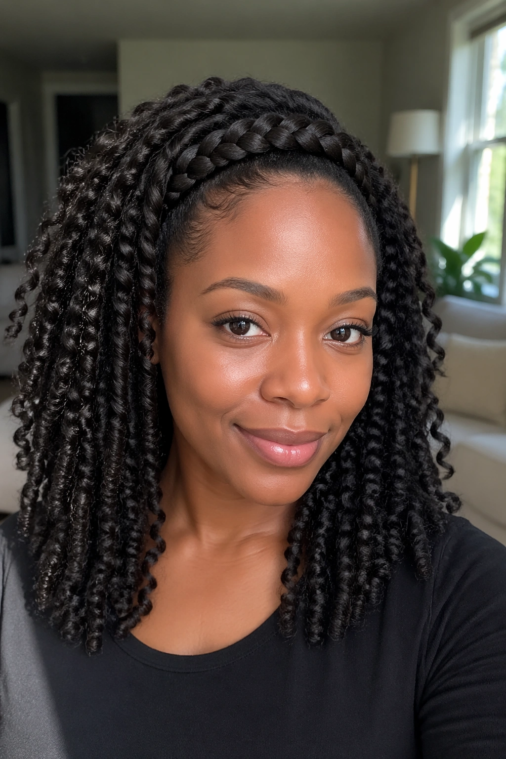 Close-up of real woman with braided headband over twist-out