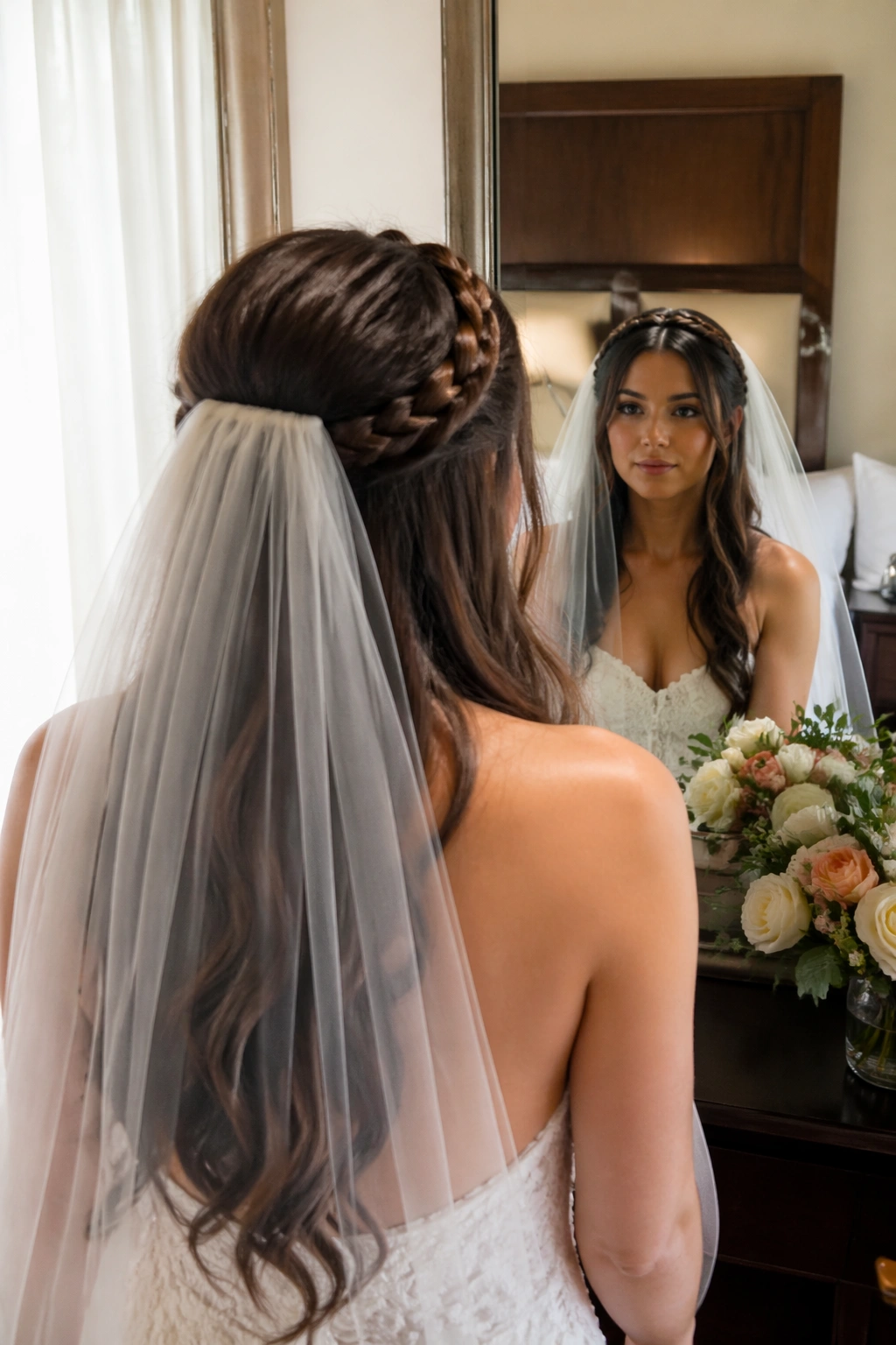 Bride testing veil with braided headband in mirror
