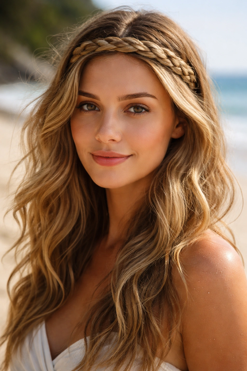 Close-up of a real woman wearing a braided headband with loose waves by the sea
