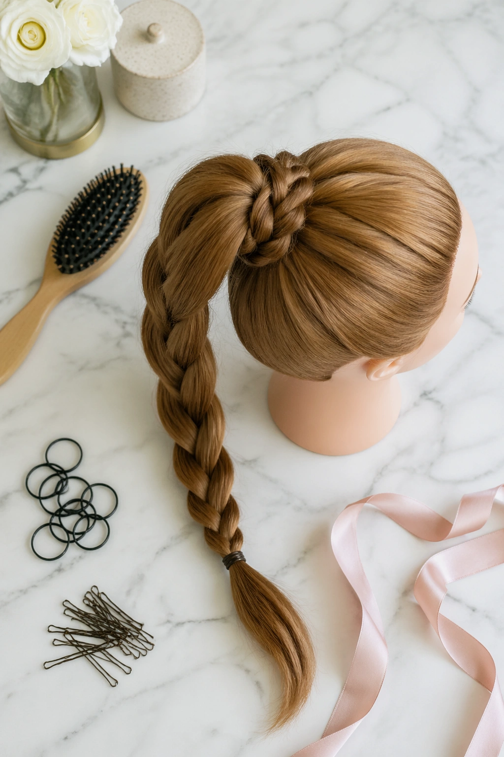 Braided high ponytail flat-lay on dressing table