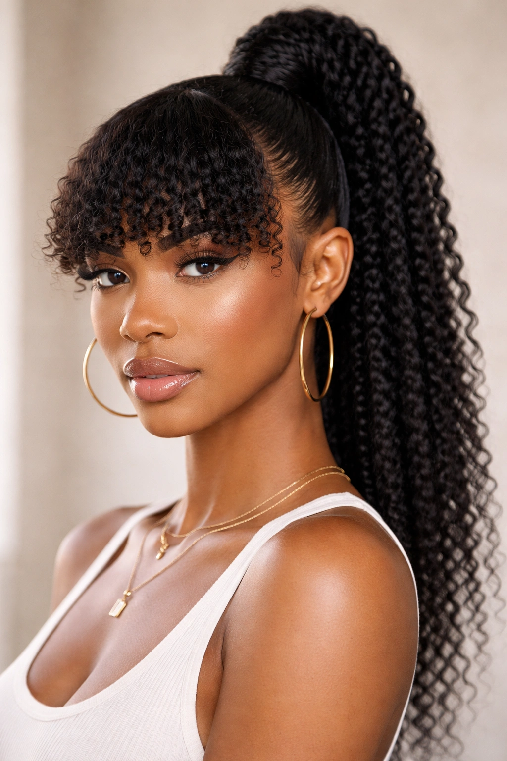 Braided high ponytail with blunt coily bangs framing the face