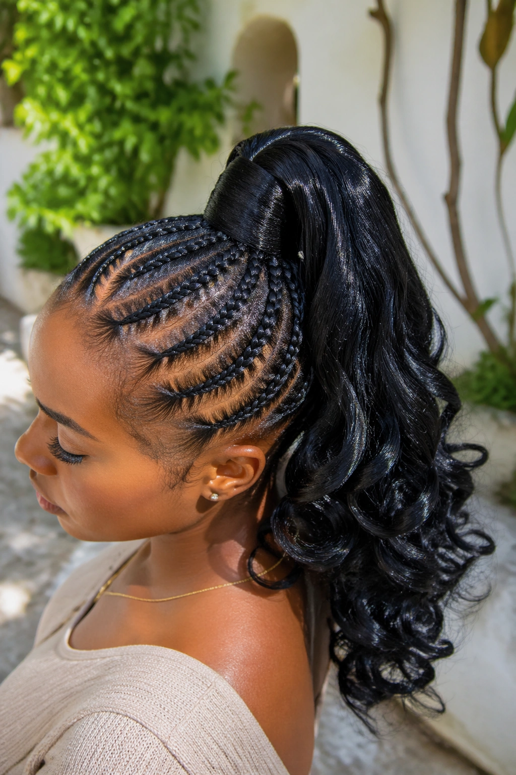 Close-up of a Black woman with braided high ponytail and curled ends