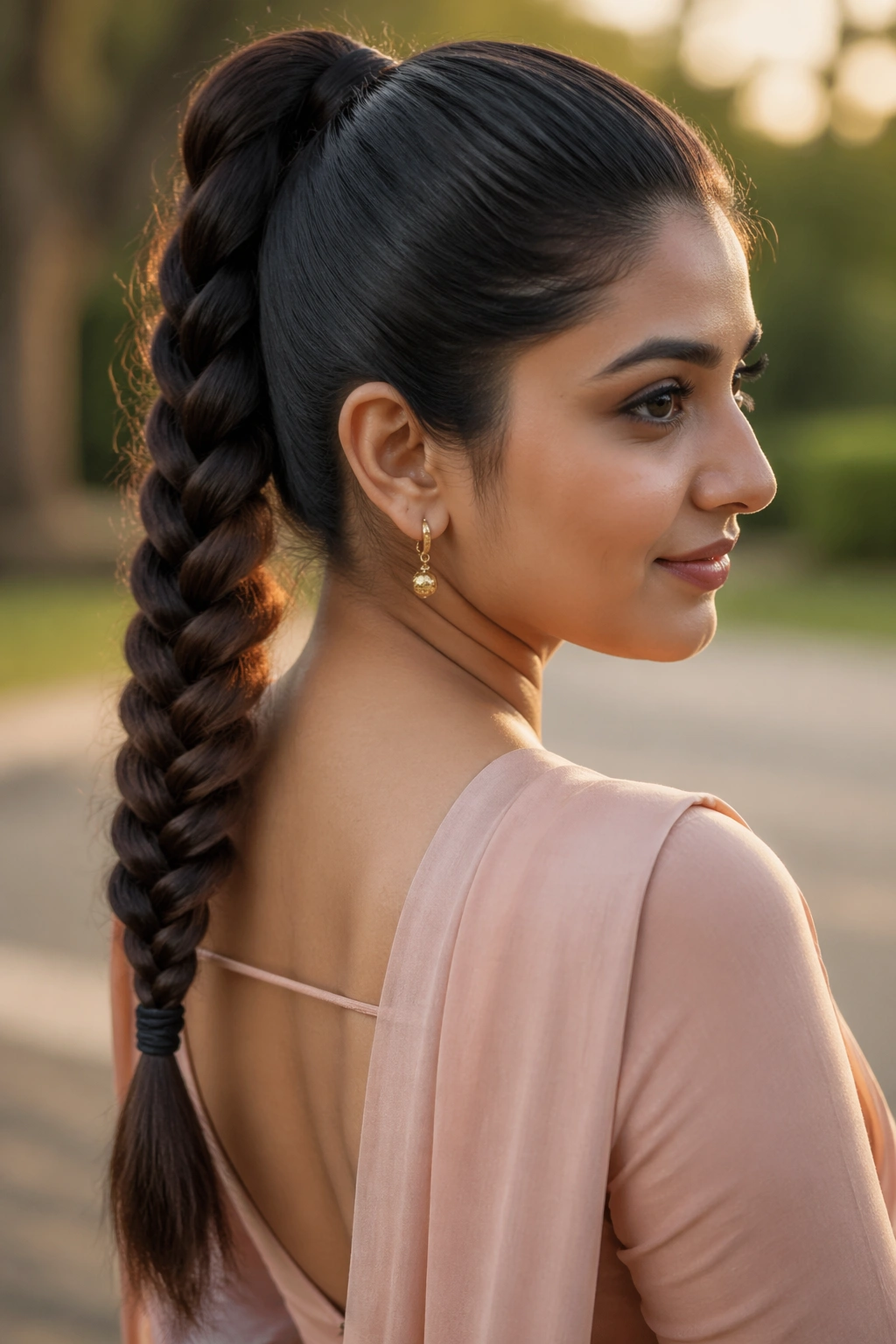 Close-up of a real woman with Braided High Ponytail Tail showing a neat braid